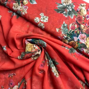 narçiçeği renk üzerine çiçek desenli, şifon kumaş gorseli- parça kumaş satılıktır